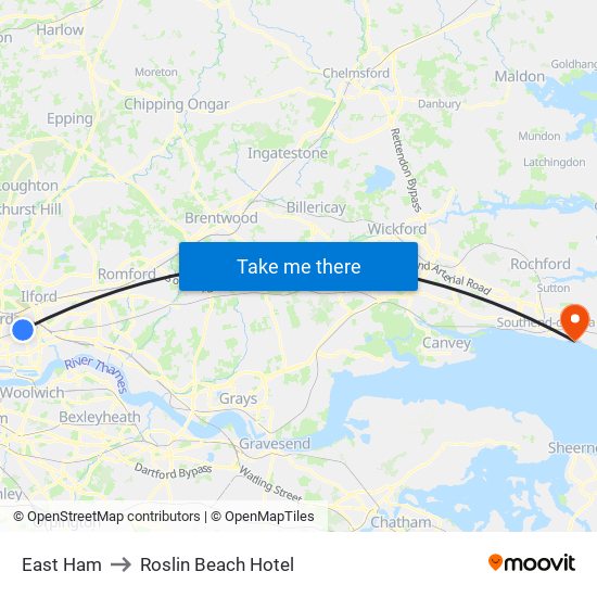 East Ham to Roslin Beach Hotel map