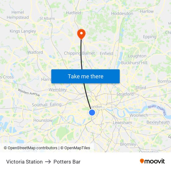 Victoria Station to Potters Bar map