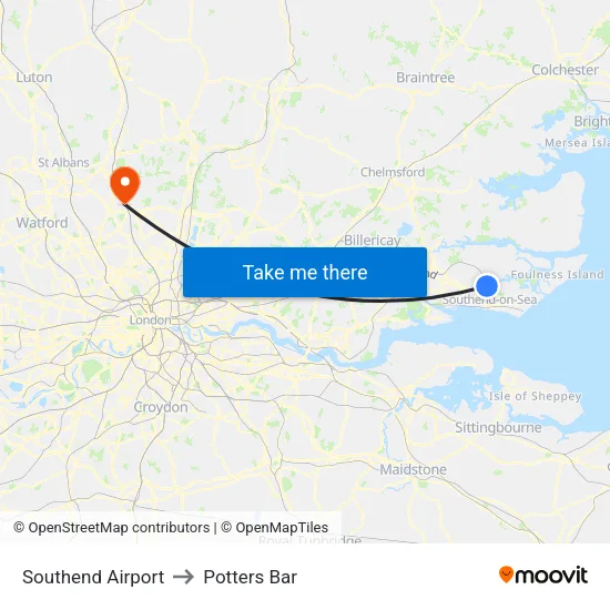 Southend Airport to Potters Bar map