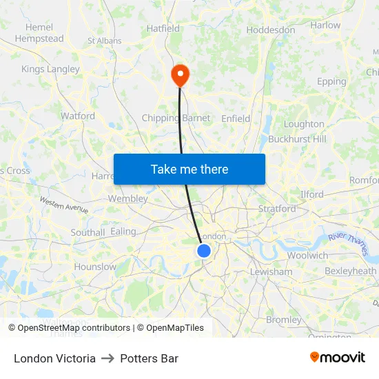 London Victoria to Potters Bar map