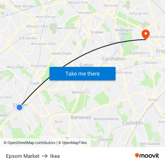 Epsom Market to Ikea map