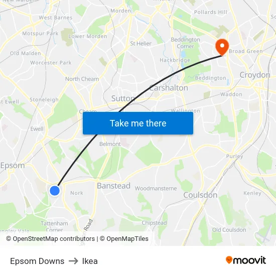Epsom Downs to Ikea map