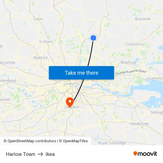 Harlow Town to Ikea map