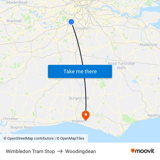 Wimbledon Tram Stop to Woodingdean map