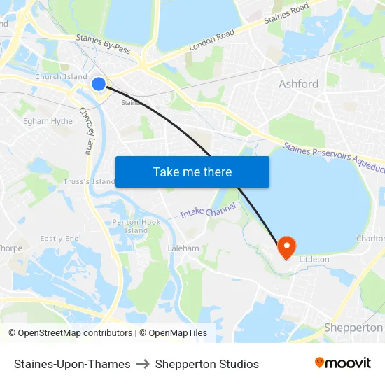 Staines-Upon-Thames to Shepperton Studios map