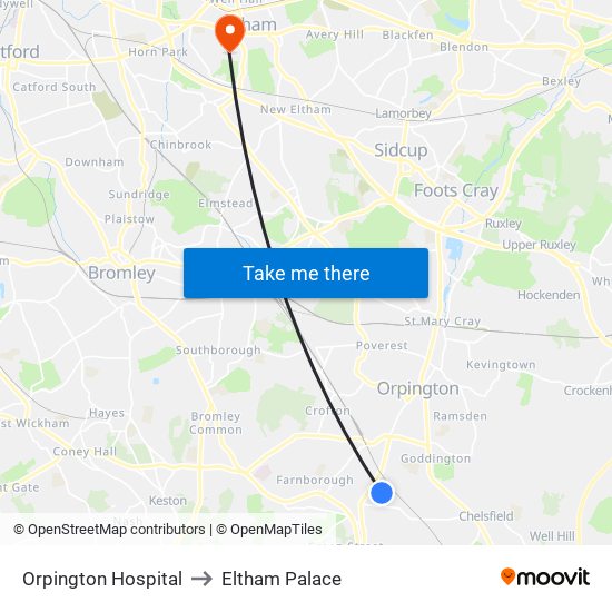 Orpington Hospital to Eltham Palace map