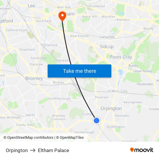 Orpington to Eltham Palace map
