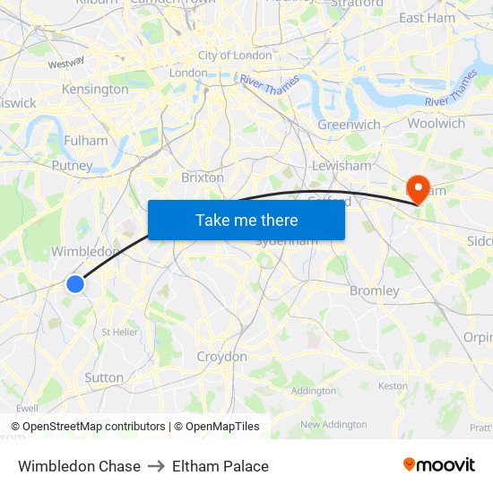 Wimbledon Chase to Eltham Palace map
