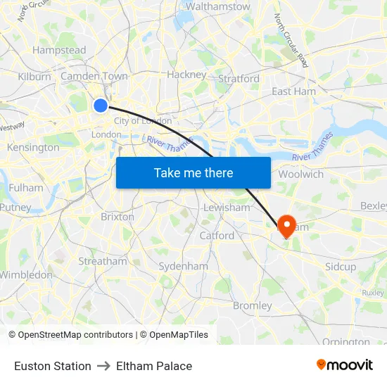Euston Station to Eltham Palace map