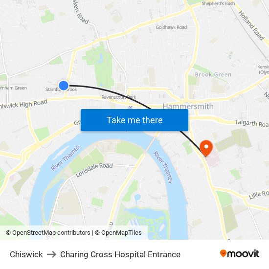 Chiswick to Charing Cross Hospital Entrance map