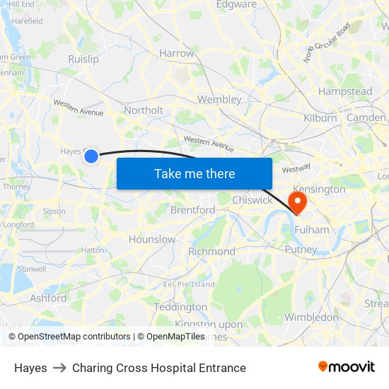 Hayes to Charing Cross Hospital Entrance map