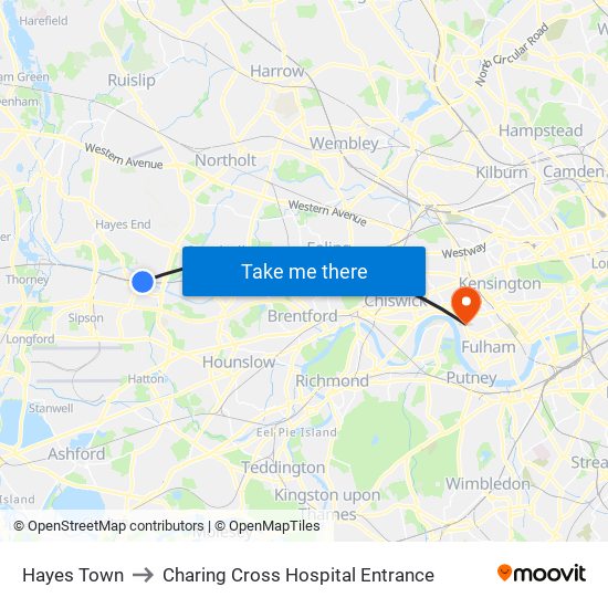 Hayes Town to Charing Cross Hospital Entrance map