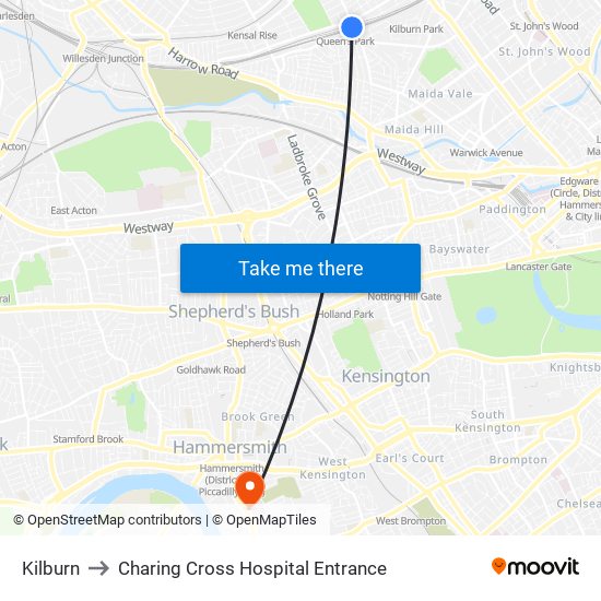 Kilburn to Charing Cross Hospital Entrance map