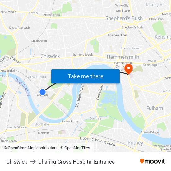 Chiswick to Charing Cross Hospital Entrance map