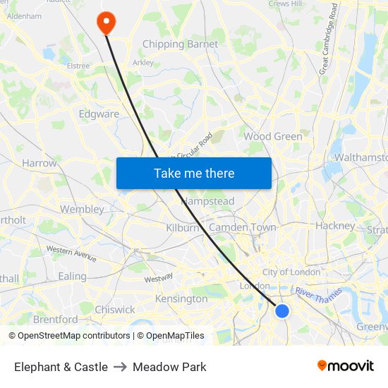 Elephant & Castle to Meadow Park map