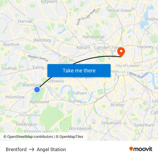 Brentford to Angel Station map