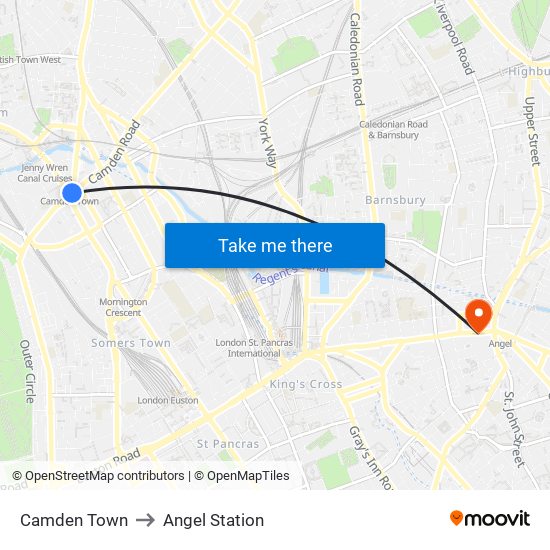 Camden Town to Angel Station map