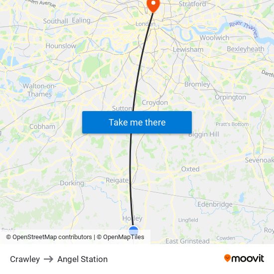 Crawley to Angel Station map