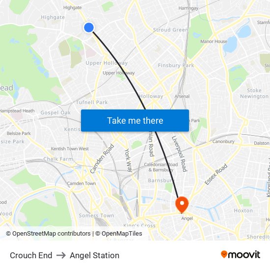 Crouch End to Angel Station map