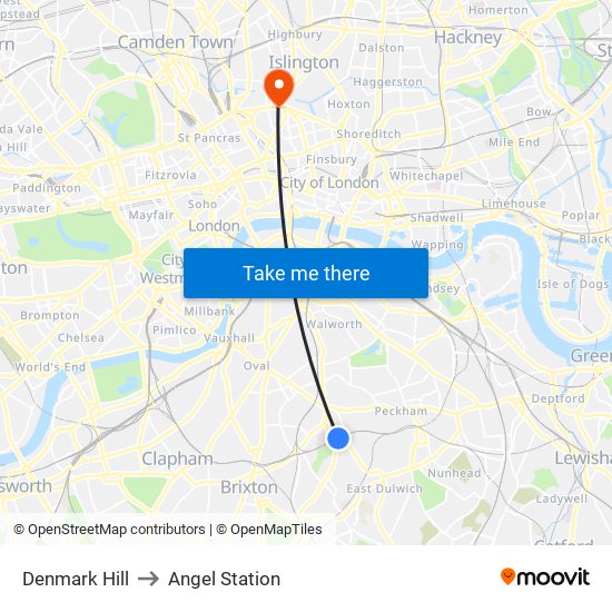 Denmark Hill to Angel Station map