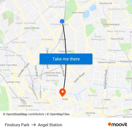 Finsbury Park to Angel Station map