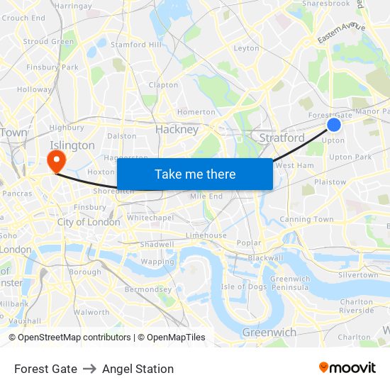 Forest Gate to Angel Station map