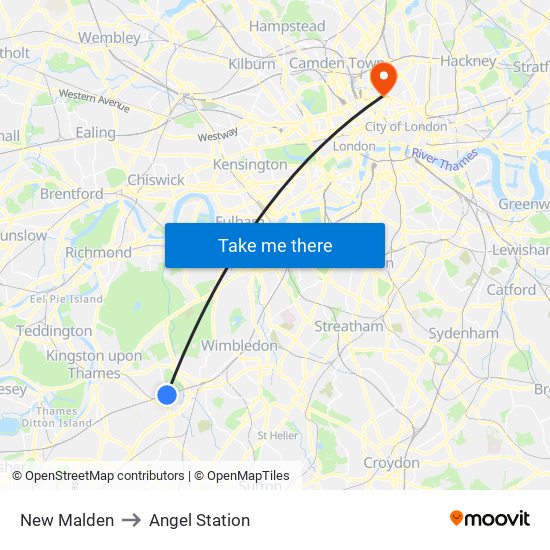 New Malden to Angel Station map