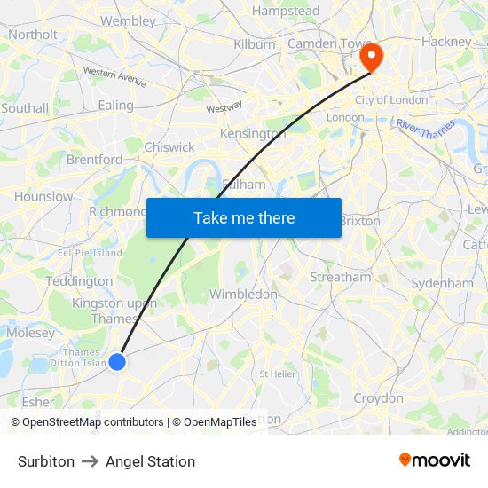 Surbiton to Angel Station map