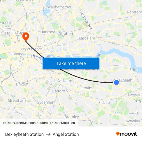 Bexleyheath Station to Angel Station map