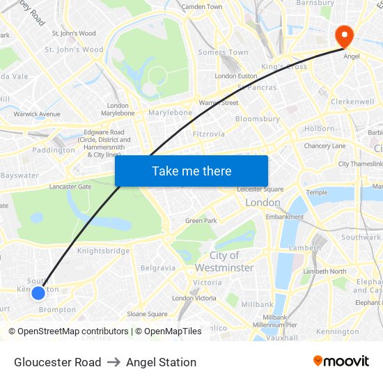 Gloucester Road to Angel Station map