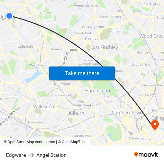 Edgware to Angel Station map