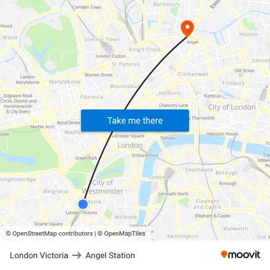 London Victoria to Angel Station map