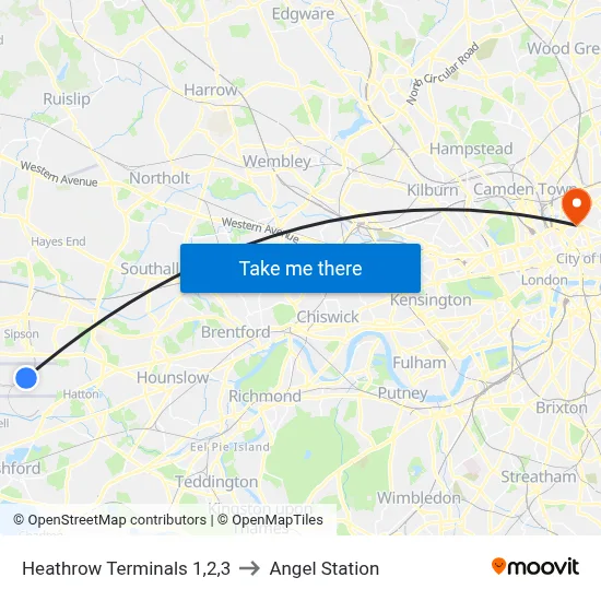 Heathrow Terminals 1,2,3 to Angel Station map