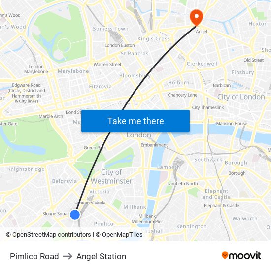 Pimlico Road to Angel Station map