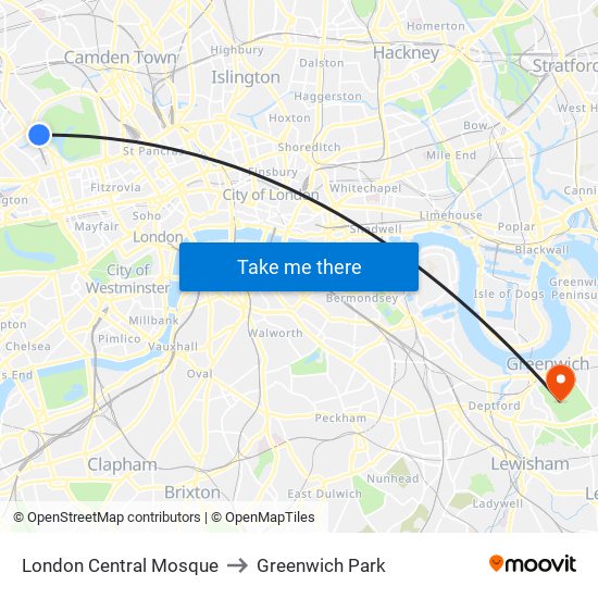 London Central Mosque to Greenwich Park map