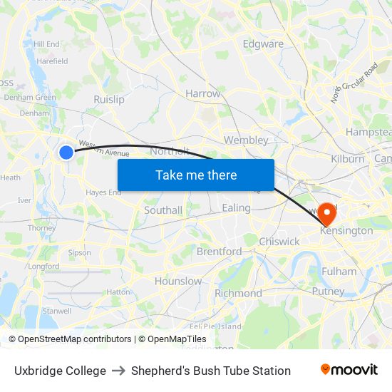 Uxbridge College to Shepherd's Bush Tube Station map