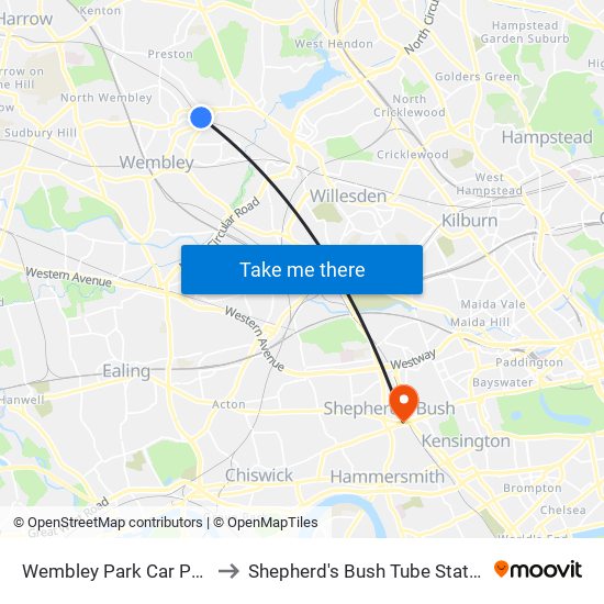 Wembley Park Car Park to Shepherd's Bush Tube Station map