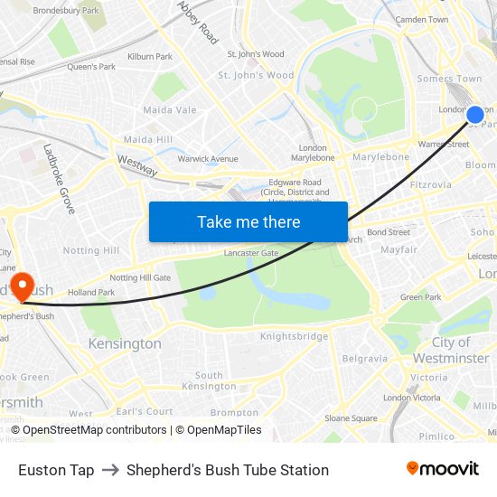 Euston Tap to Shepherd's Bush Tube Station map