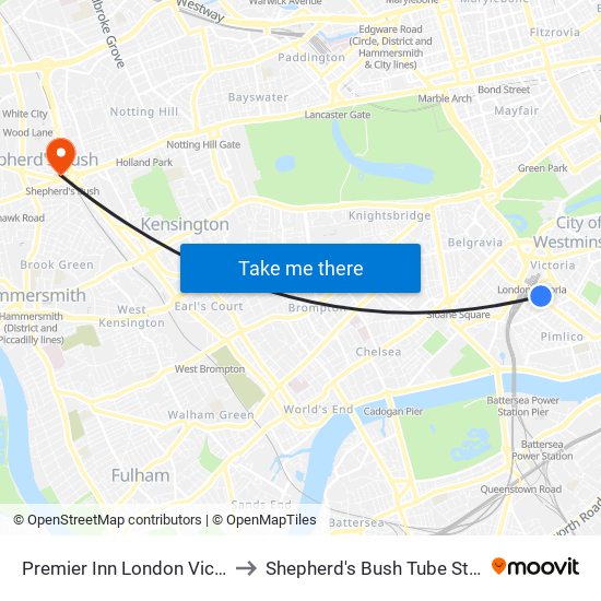 Premier Inn London Victoria to Shepherd's Bush Tube Station map