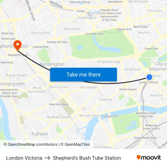 London Victoria to Shepherd's Bush Tube Station map