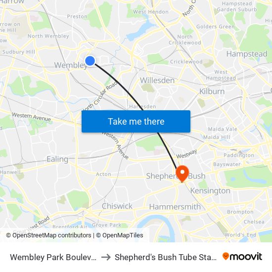 Wembley Park Boulevard to Shepherd's Bush Tube Station map