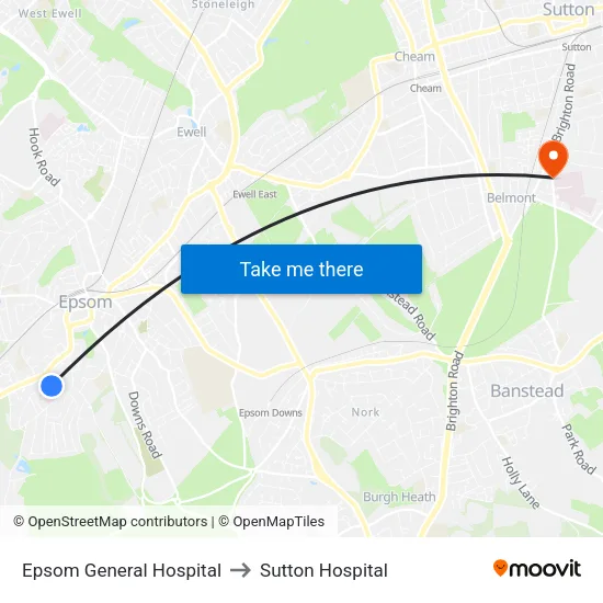 Epsom General Hospital to Sutton Hospital map