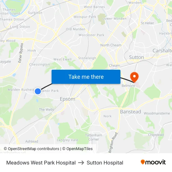 Meadows West Park Hospital to Sutton Hospital map