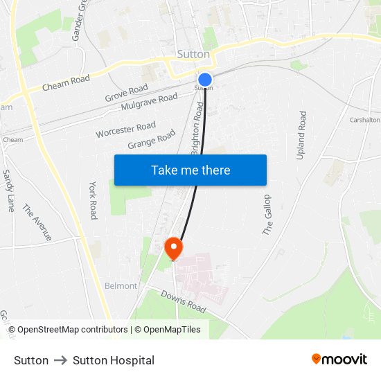 Sutton to Sutton Hospital map