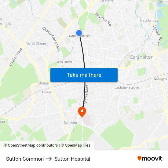 Sutton Common to Sutton Hospital map