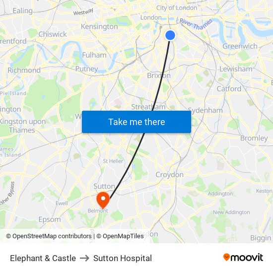 Elephant & Castle to Sutton Hospital map