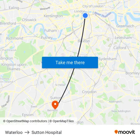 Waterloo to Sutton Hospital map
