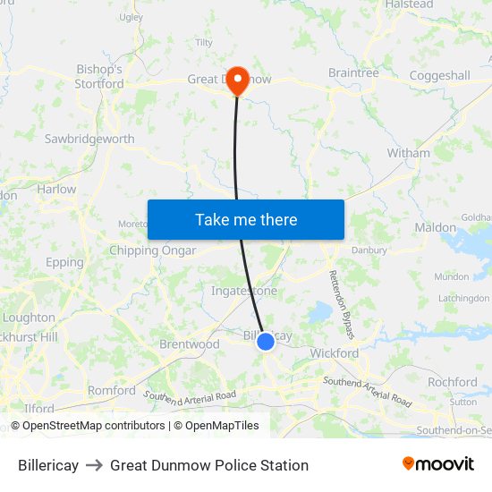 Billericay to Great Dunmow Police Station map