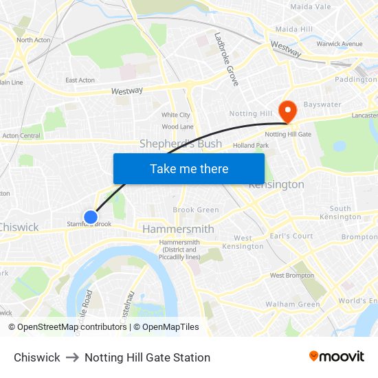 Chiswick to Notting Hill Gate Station map