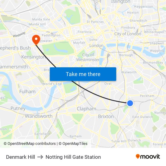 Denmark Hill to Notting Hill Gate Station map